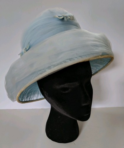 Vintage Mr Morton G Cloche Womens Blue Bucket Hat w Tulle Velvet Bows USA Derby - Picture 9 of 10