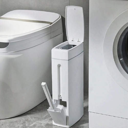 Trash Can With Toilet Brush Holder Garbage Can Press Top Lid For Bathroom White - Picture 9 of 12