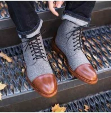 Formal Lace Up New Stylish Handmade Biker Two Tone Hiking Boots For Mens