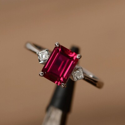 Lab Ruby Ring: Emerald Cut Gemstone July Birthstone Ring, Promise Ring for Her,