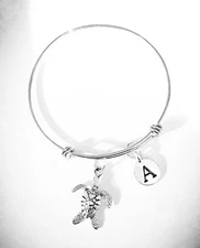Sea Turtle Expandable Bangle Charm Bracelet Beach Ocean Nautical Initial