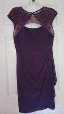 MSK Size 10 Plum Faux Wrap Pleated Left Side Ruffle Beaded top and back Formal