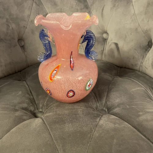 Vtg. Hand blown Murano Style? glass Millefiori vase applied handles