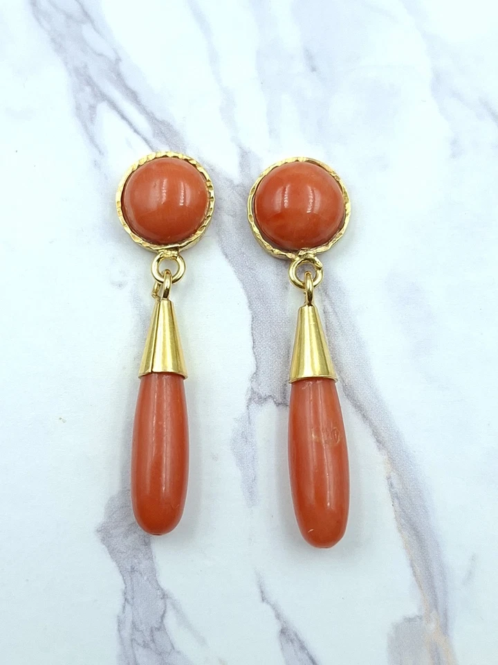 Antichi Orecchini A Goccia Vero Corallo Sardegna Rosso Bottoni Argento 925 Oro - Immagine 4 di 4