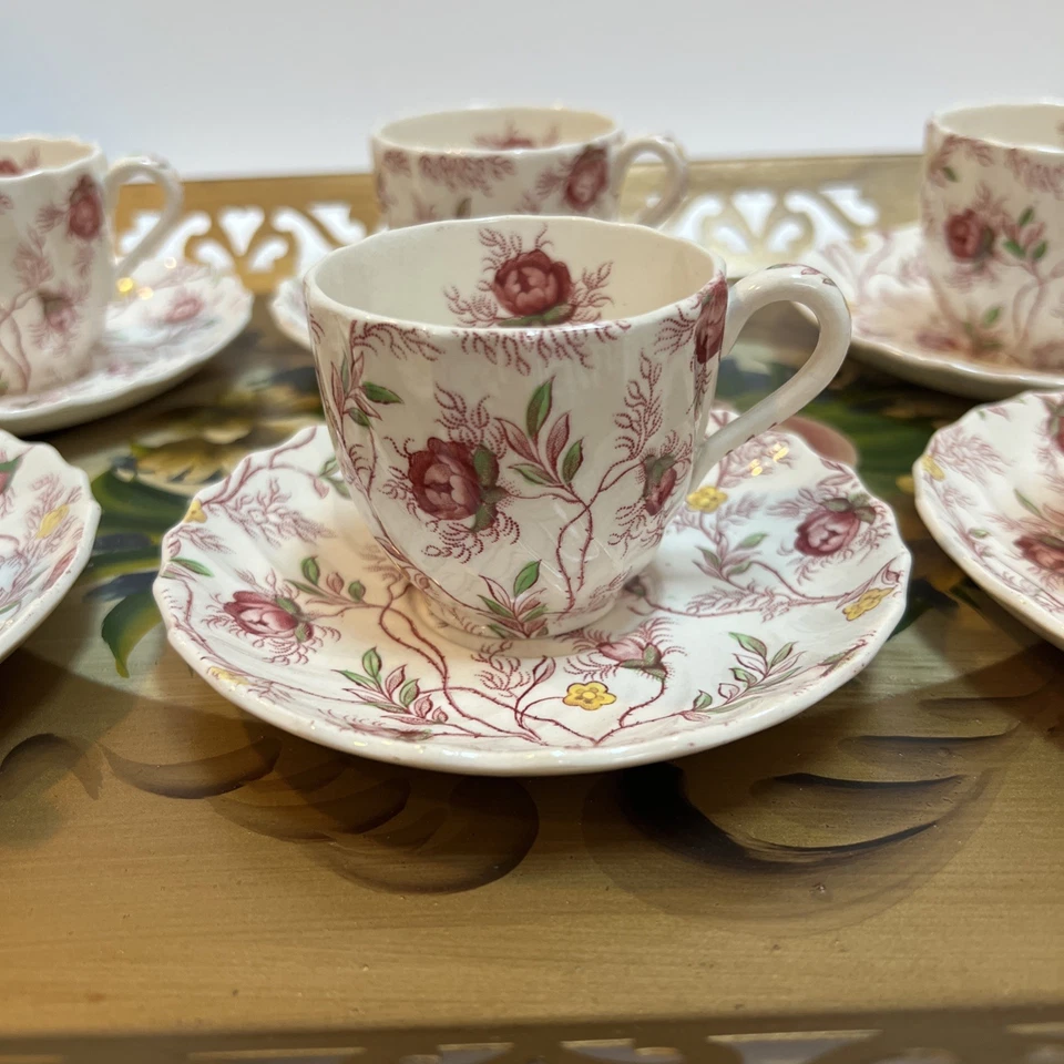Copeland Spode Rosebud Chintz Demitasse Cups/Saucers Set Of 6 Red Transferware - Image 3 of 4