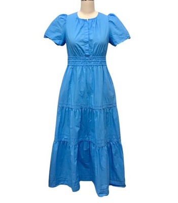 Quince 100% Organic Cotton Poplin Tiered Maxi Dress Blue Coastal Cottage Sz  S | eBay