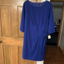 Tahari ASL Women's Blue Round Neck 3/4 Sleeve Side-Tie Dress Plus Size 22W