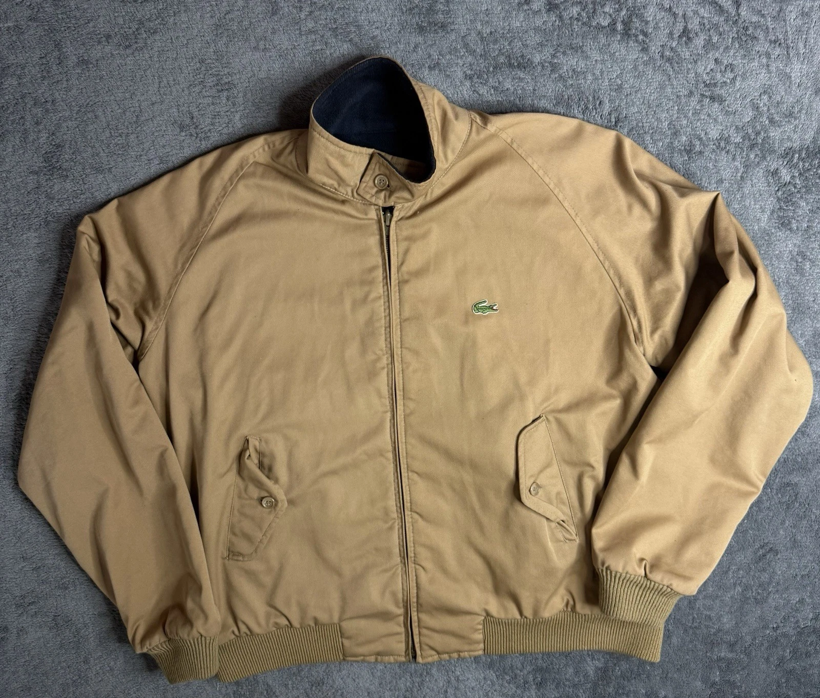 Vintage Lacoste Navy Twill & Beige Brushed Reversible Jacket Large Gator 80s Zip