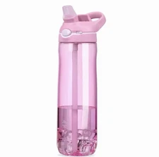 Pink 750ml sports water bottle for hiking, made of clear BPA-free plastic.