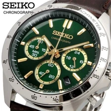 SEIKO Spirit SBTR017 Green Chronograph Quartz Leather band Men Watch-New Japan