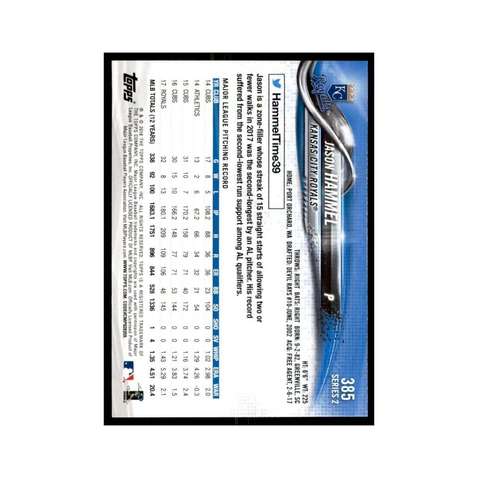 Jason Hammel 2018 Topps #385 Kansas City Royals Baseball Card NM - Image 2 of 3