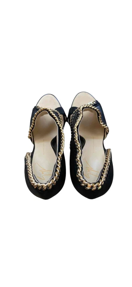 Giuseppe Zanotti Black Leather Gold Chain Peep Toe Stiletto Pumps Women’s 9.5 - Image 3 of 4