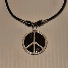 BLACK PEACE SIGN Pewter Pendant Charm /  ROPE NECKLACE WITH COLOR BEADS