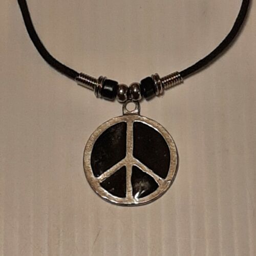 BLACK PEACE SIGN Pewter Pendant Charm /  ROPE NECKLACE WITH COLOR BEADS - Picture 1 of 16
