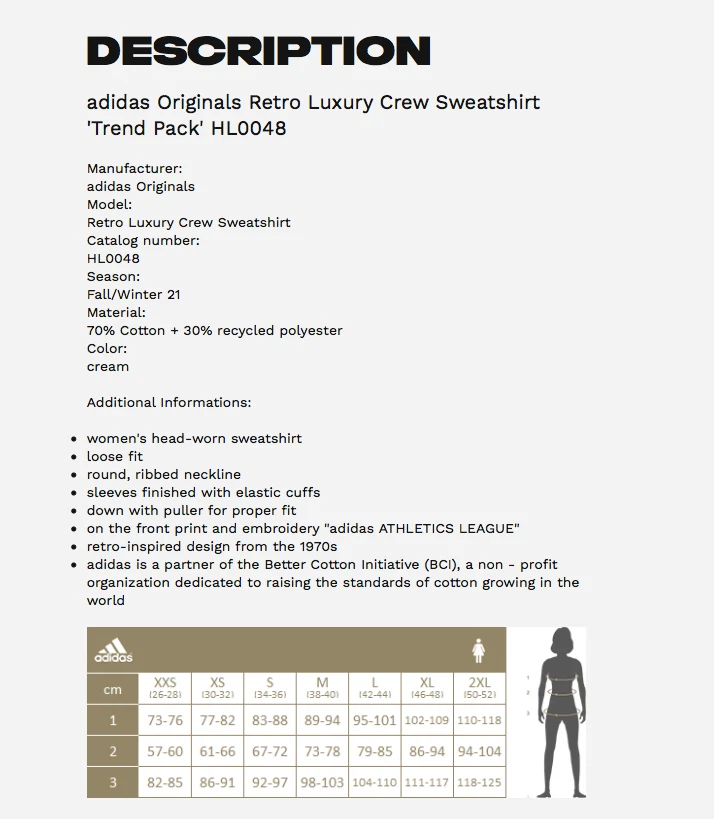 OFF WHITE Felpa girocollo Adidas Originals $60 da donna retrò di lusso nuova con etichette taglia M (HL0048)