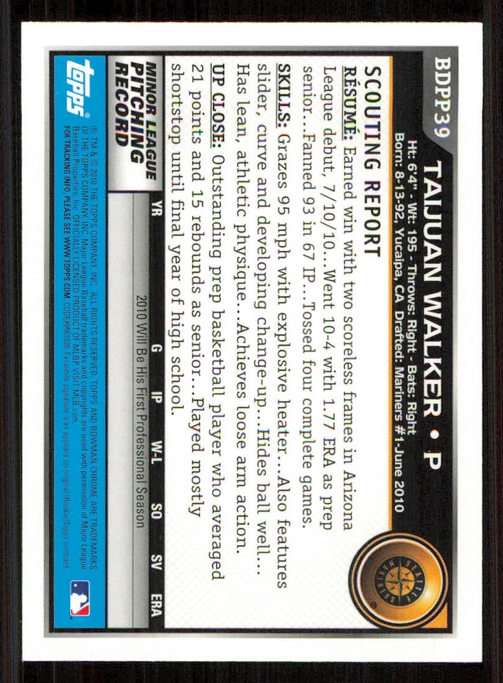 2010 Bowman Chrome Draft Prospects #BDPP39 Taijuan Walker - Image 2 of 2