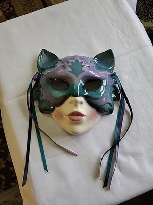 Mardi Gras Mask Clay Art With Ribbons Missing Feathers Pre-owned No Chips