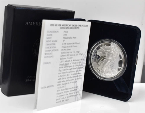1999 P Silver American Eagle Proof 1 oz 999 Fine Silver w/Box & COA