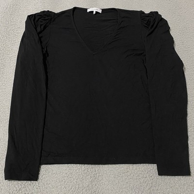 Frame Top Womens Medium Black V Neck Long Puff Sleeve Quiet Luxury Dark Academia