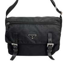 PRADA Black Tessuto Leather Shoulder Bag Triangular Logo Authentic Excellent