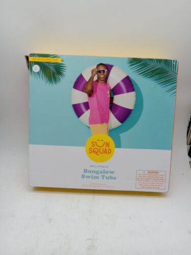 Sun Squad Pool Swim 42’ Inflatable Tube Ring Float Purple White Stripes. 183