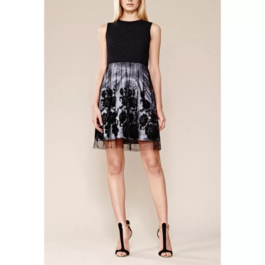 NWT JULIA JORDAN Black Floral Lace Flocked Velvet Metallic Dress