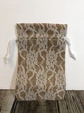 New Burlap Jute & Lace Gift Sachet 10 Bags Drawstring Floral Wedding Favor 6”X4”