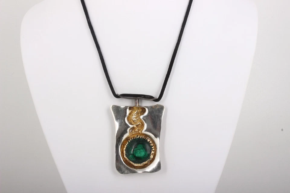 SILVER MALACHITE LARGE TWO-TONED PENDANT BLACK ROPE NECKLACE FINE 6705B - Изображение 3 из 4
