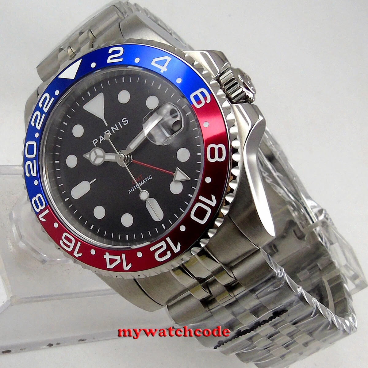 40mm PARNIS black dial pepsi bezel date Sapphire glass GMT