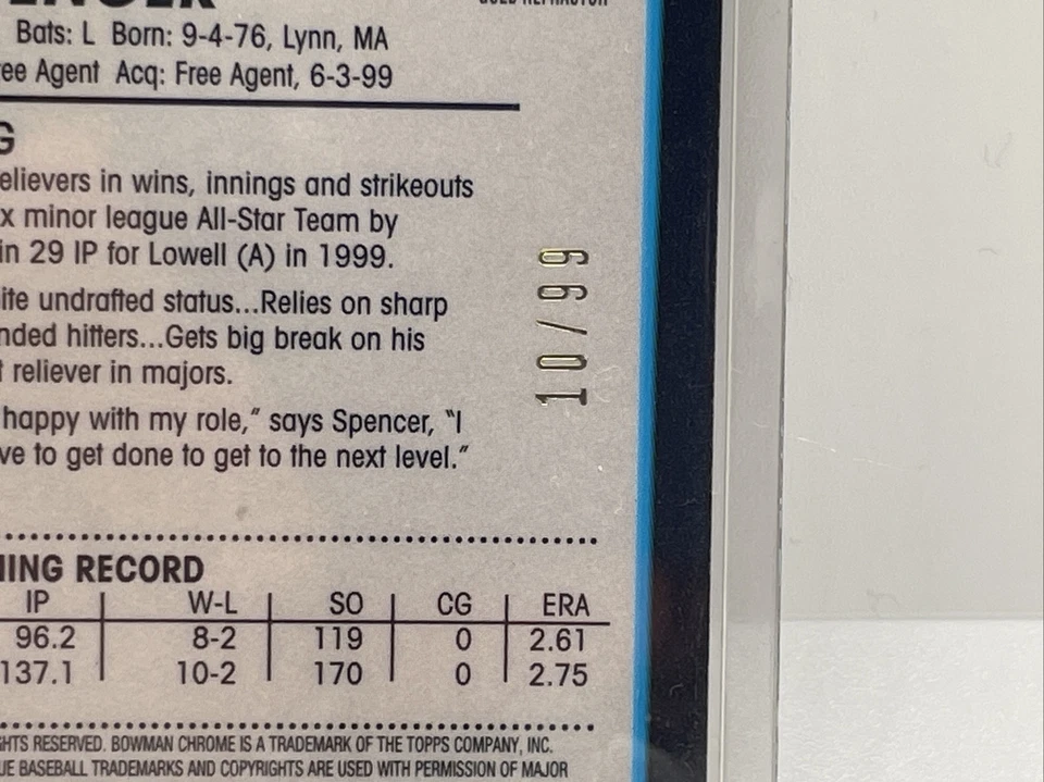 2001 Bowman Chrome *Gold Refractor /99 (RC) Corey Spencer #158 Red Sox  - Image 3 of 3
