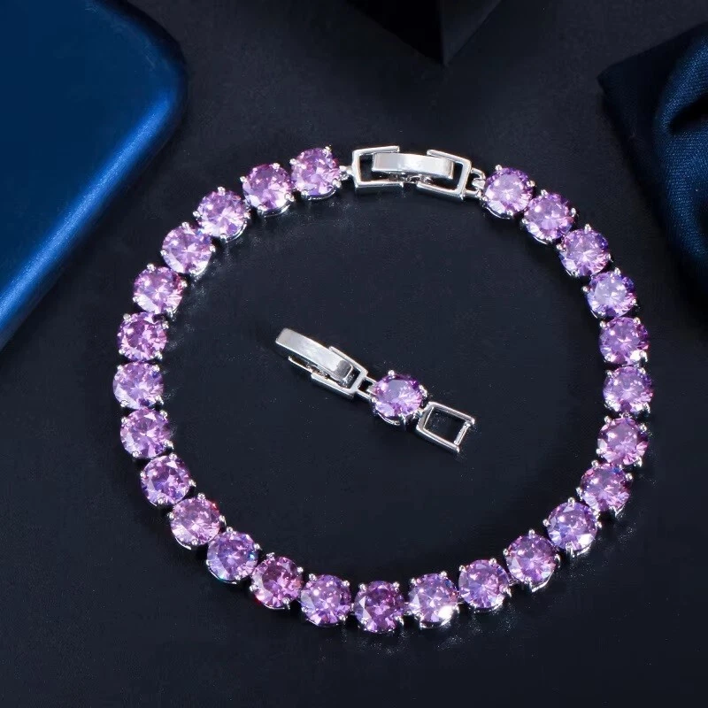 Brazalete Tenis Mujer 26CTW Corte Redondo Creado Amatista 14K Chapado en Oro Blanco 6mm Foto 2 de 4