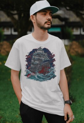 Kraken vs Ship Maritime Graphic Tee Shirt Cool T Shirt Custom Designed Graphic T