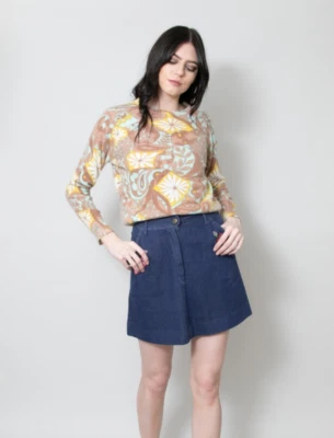 Vintage 60er Retro Groovy Damen Langarm Blau Braun Blumen Angora Pullover S - Bild 1 von 4