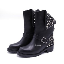 Womens Retro Rivet Punk Shoes Buckle Leather Boots Cool Stylish Mid Calf Boots
