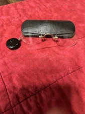 Antique Vintage Frameless Spectacles Gold Bridge Nose Pinch w/Chain Pin and case