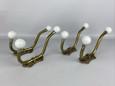 Set Of 4 Vintage Victorian Brass Double Wall Hooks With White Knobs