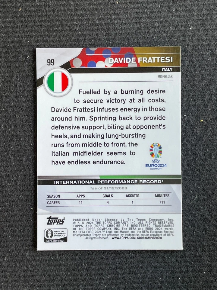 Davide Frattesi 2024 Topps Chrome Sapphire UEFA Euro Gold 48/50 #99 - Image 2 of 2