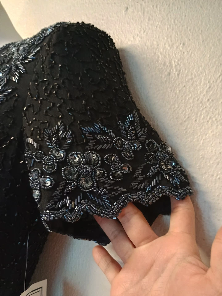 Vestido para mujer STENAY 100 % seda vintage años 80 negro plata con cuentas talla: 8 pequeño  Foto 4 de 4