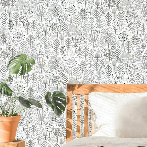 RMK11736RL White and Gray Folklore Trees Gray Peel and Stick Wallpaper - Foto 1 di 9