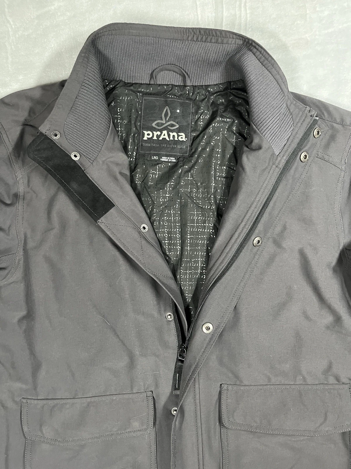 Prana Jacket Mens L Insulated Gray Jacket Snap Front Utility Pockets Zip Parka