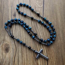 Blue Tiger Eye  Obsidian Beads Hematite Cross Pendant Mala Meditation Necklace