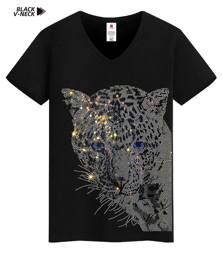 New Men Diamond Luxury Leopard Rhinestones Fashion Black T