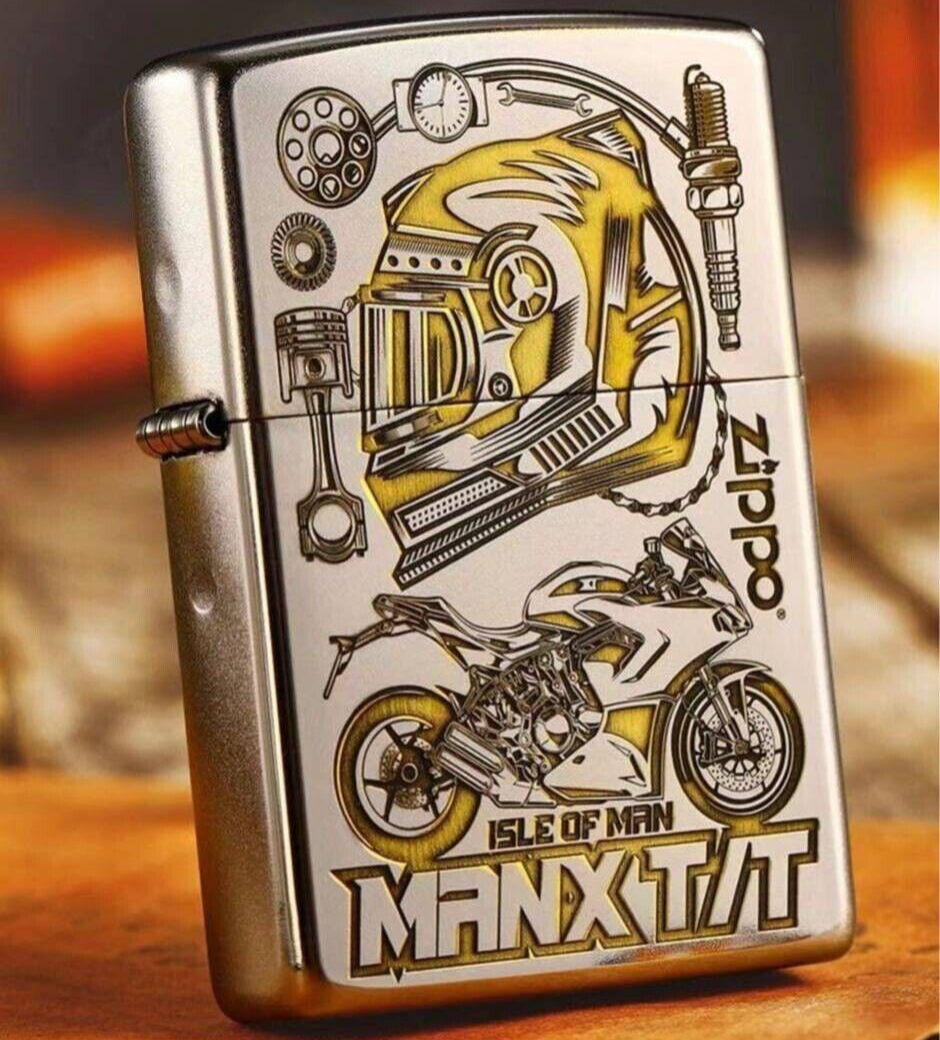 Zippo Motorcycle Helmet Bike Isle of Man TT Logo Gold Silver