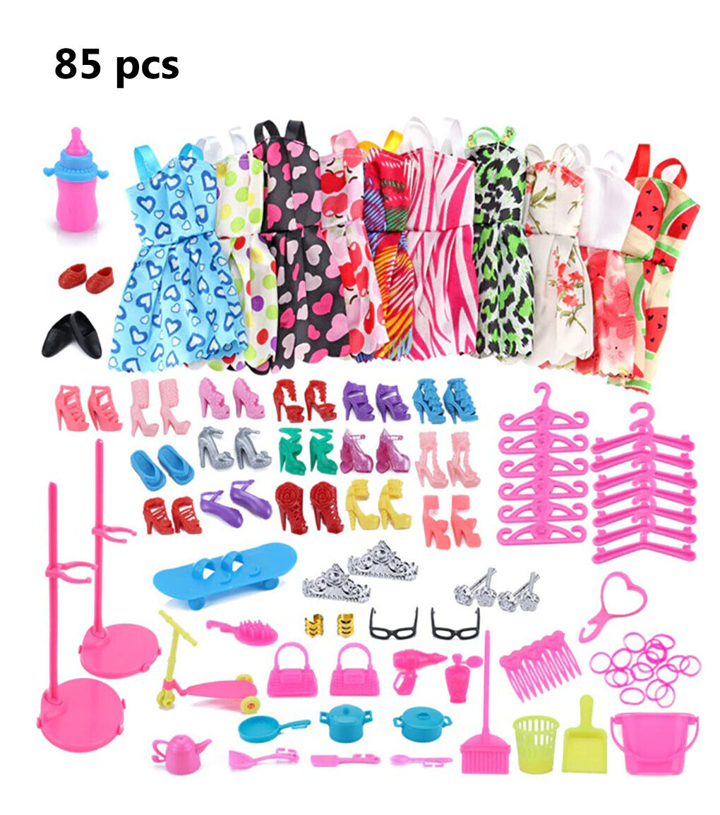 85pcs/set Barbie Doll Vestidos Shoesjewellery Roupas Acessórios Vestir-se  Jogo