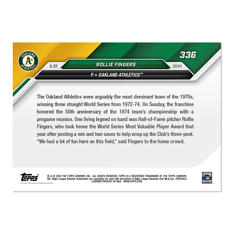 ROLLIE FINGERS World Series Champion Reunion 2024 Topps Now #336, PR: 754 A's 🔥 - Image 4 of 4