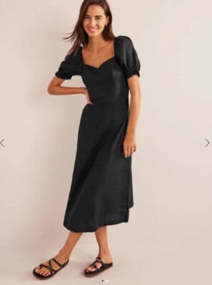 Boden Linen Sweetheart Midi Dress NWT -Black - UK 20R US 16/18 R