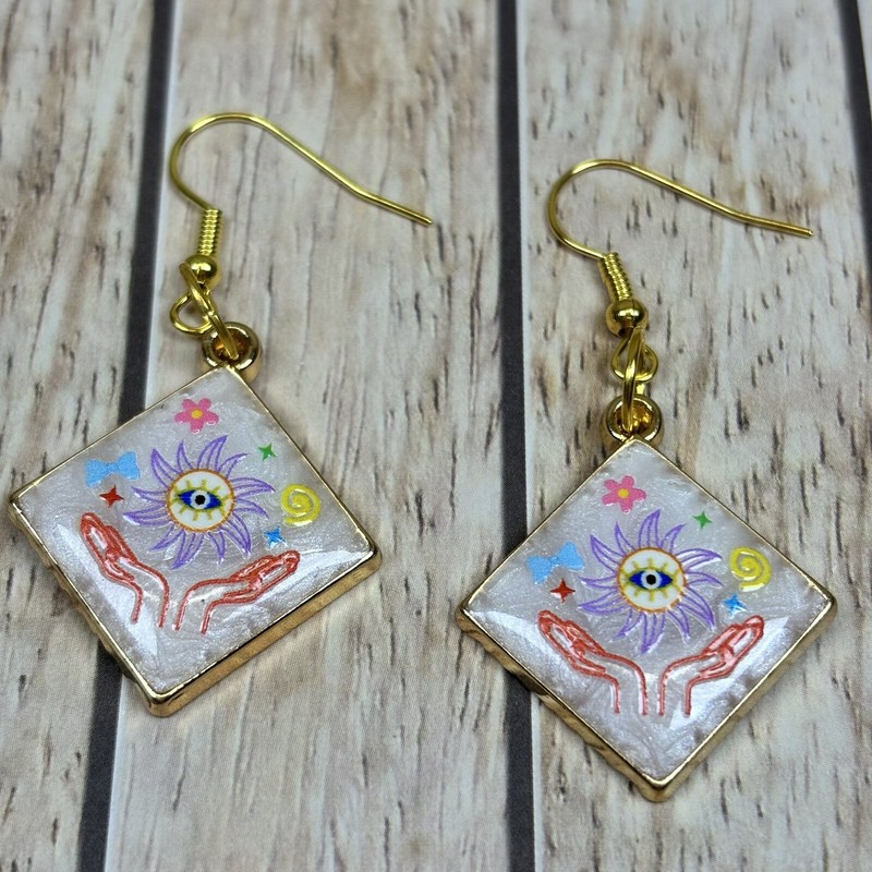 Evil Eye Sun Mudra Hook Dangle Earrings Gold Plated Womens Symbol Jewellery New - Product main view