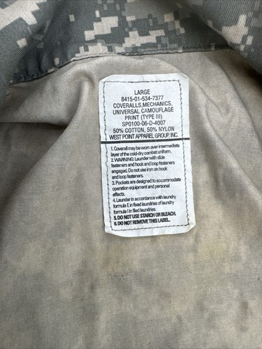 USGI COVERALLS JUMPSUIT Mechanics Style,Full Zip ACU Universal CAMO Large - Picture 2 of 5