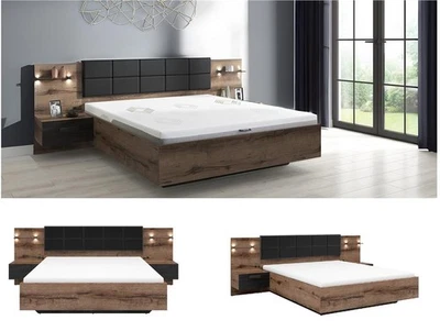 IMPACT FURNITURE Luxury King Size Bed Frame Headboard LED Light USB Bedside Oak Black Euro Kassel