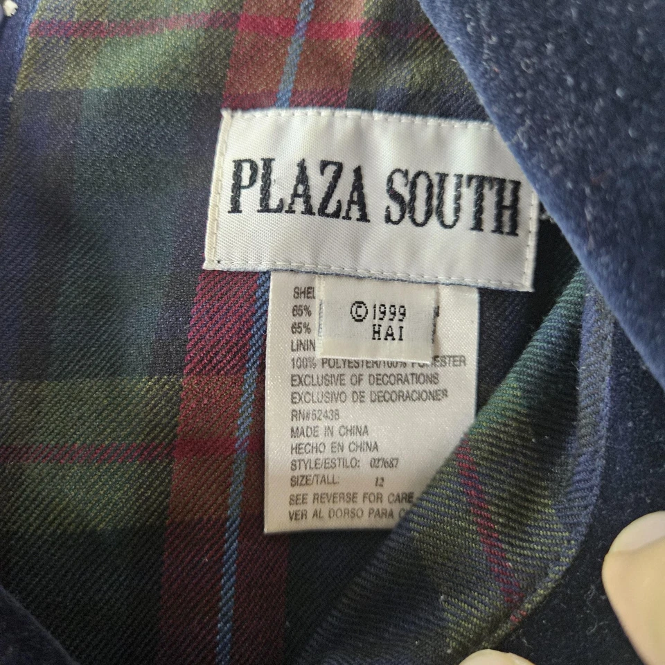 Traje Falda Plaza South Vintage Mujer 12 Verde Marino Cuello Terciopelo Cuadros Años 90 Foto 2 de 4